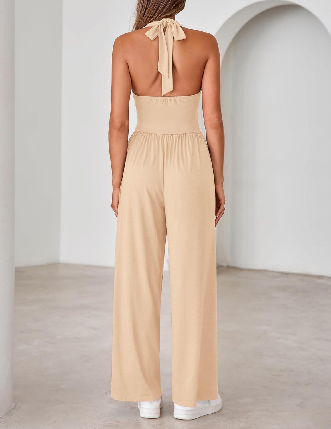 imageZESICA Womens Summer 2026 Sleeveless Halter Neck Jumpsuits One Piece Wide Leg Jumper Rompers Beach Vacation OutfitsApricot