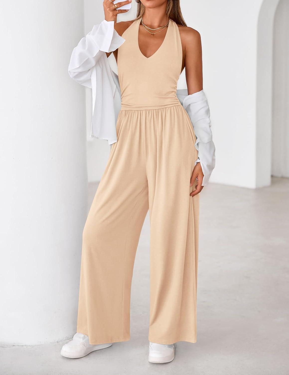 imageZESICA Womens Summer 2026 Sleeveless Halter Neck Jumpsuits One Piece Wide Leg Jumper Rompers Beach Vacation OutfitsApricot