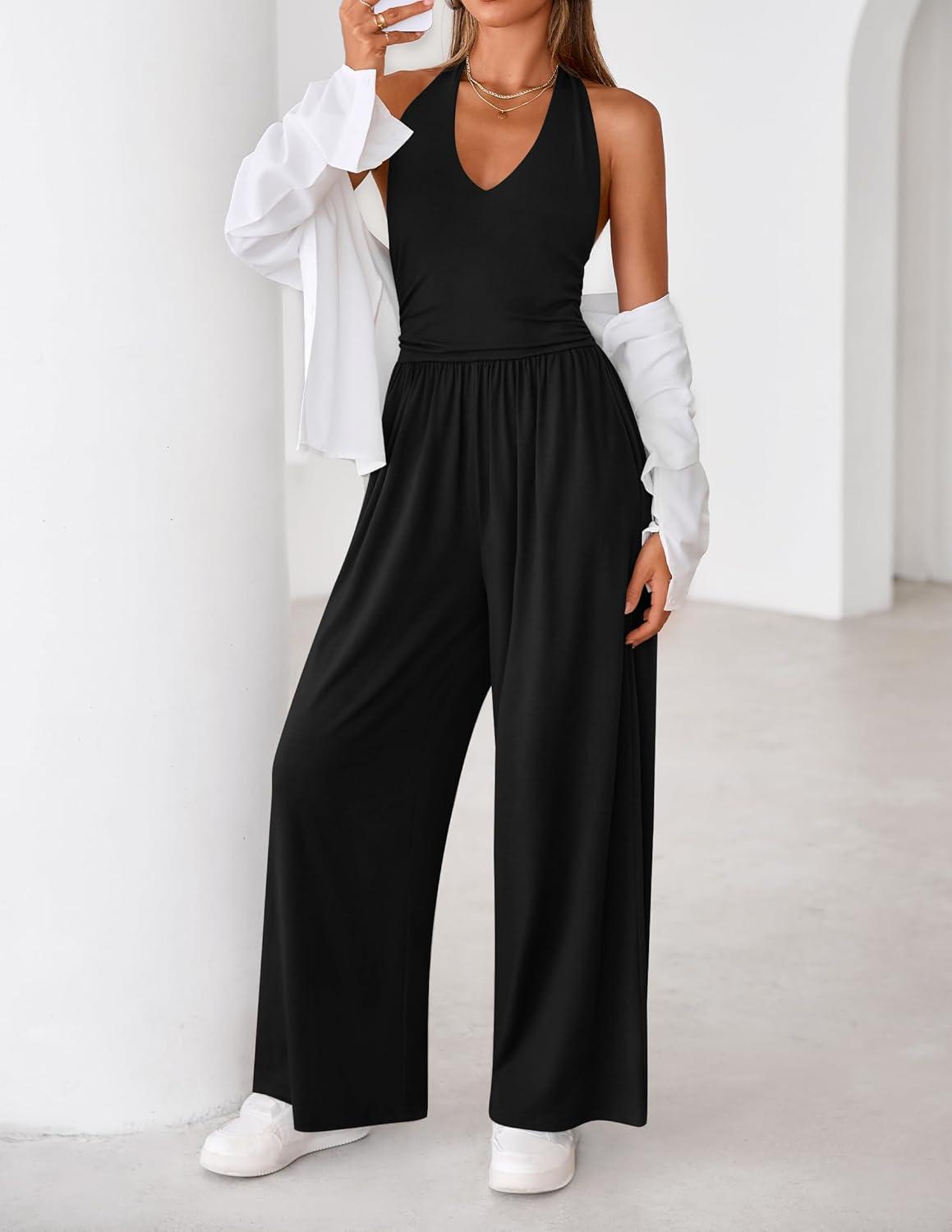 imageZESICA Womens Summer 2026 Sleeveless Halter Neck Jumpsuits One Piece Wide Leg Jumper Rompers Beach Vacation OutfitsBlack