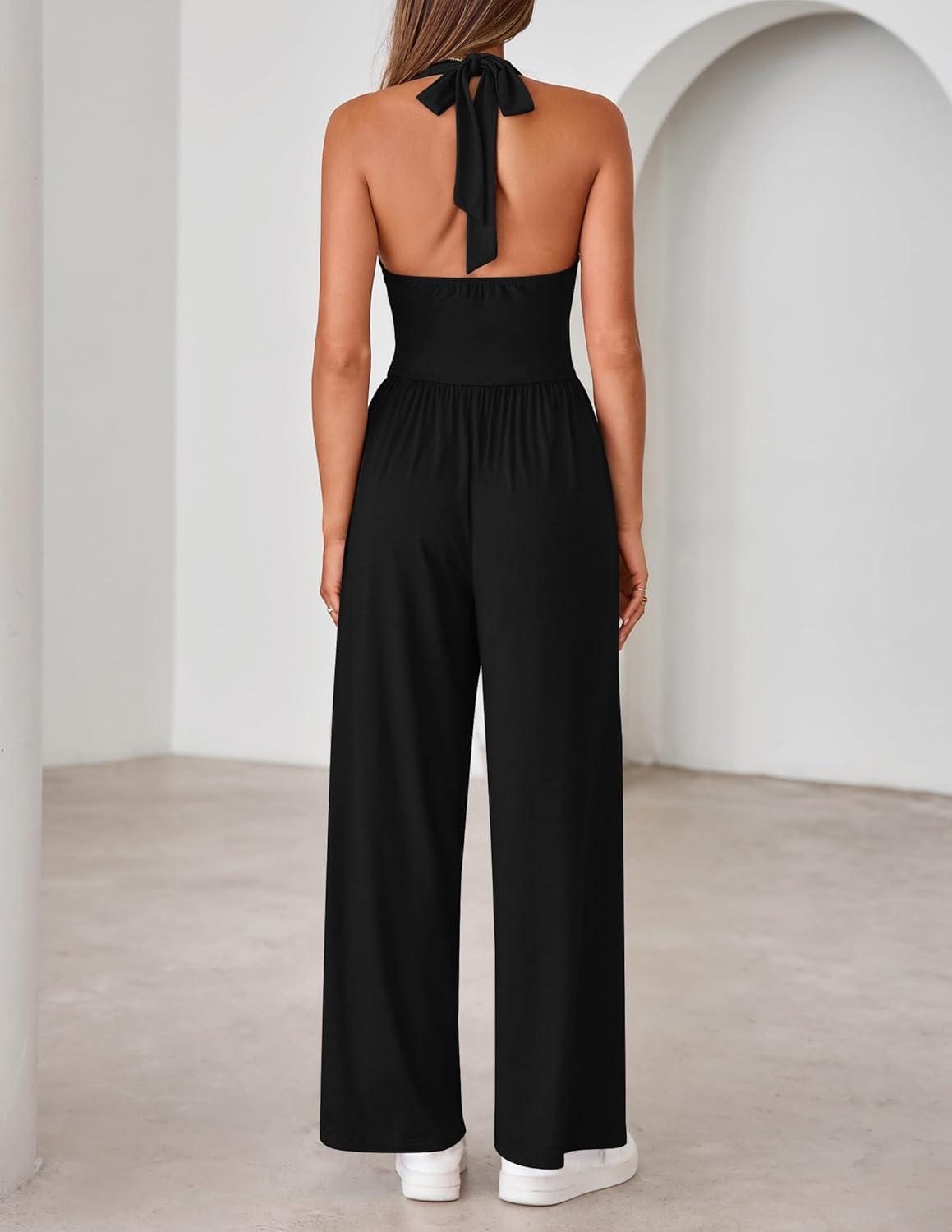 imageZESICA Womens Summer 2026 Sleeveless Halter Neck Jumpsuits One Piece Wide Leg Jumper Rompers Beach Vacation OutfitsBlack