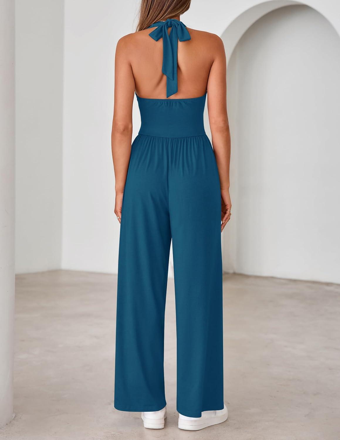 imageZESICA Womens Summer 2026 Sleeveless Halter Neck Jumpsuits One Piece Wide Leg Jumper Rompers Beach Vacation OutfitsBlue