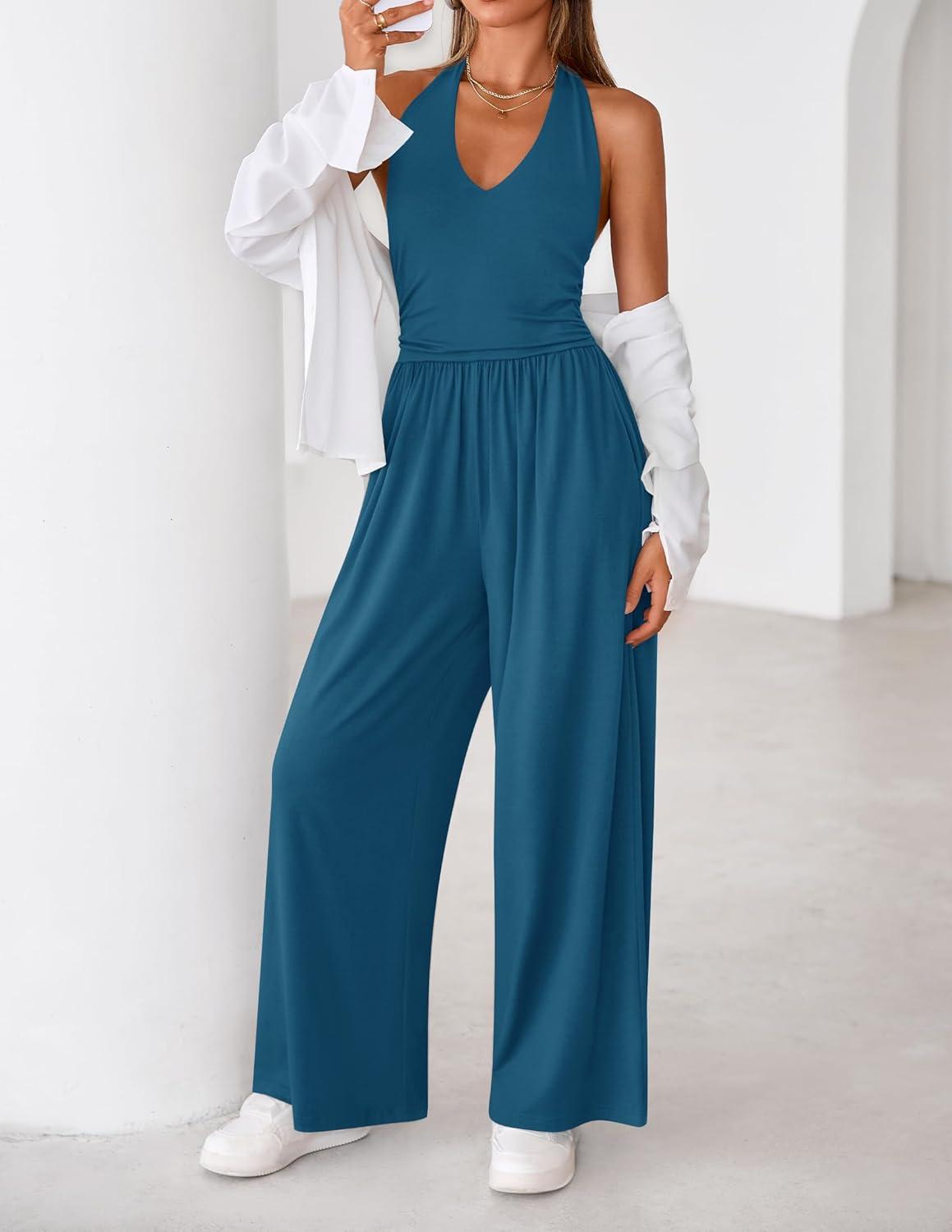 imageZESICA Womens Summer 2026 Sleeveless Halter Neck Jumpsuits One Piece Wide Leg Jumper Rompers Beach Vacation OutfitsBlue