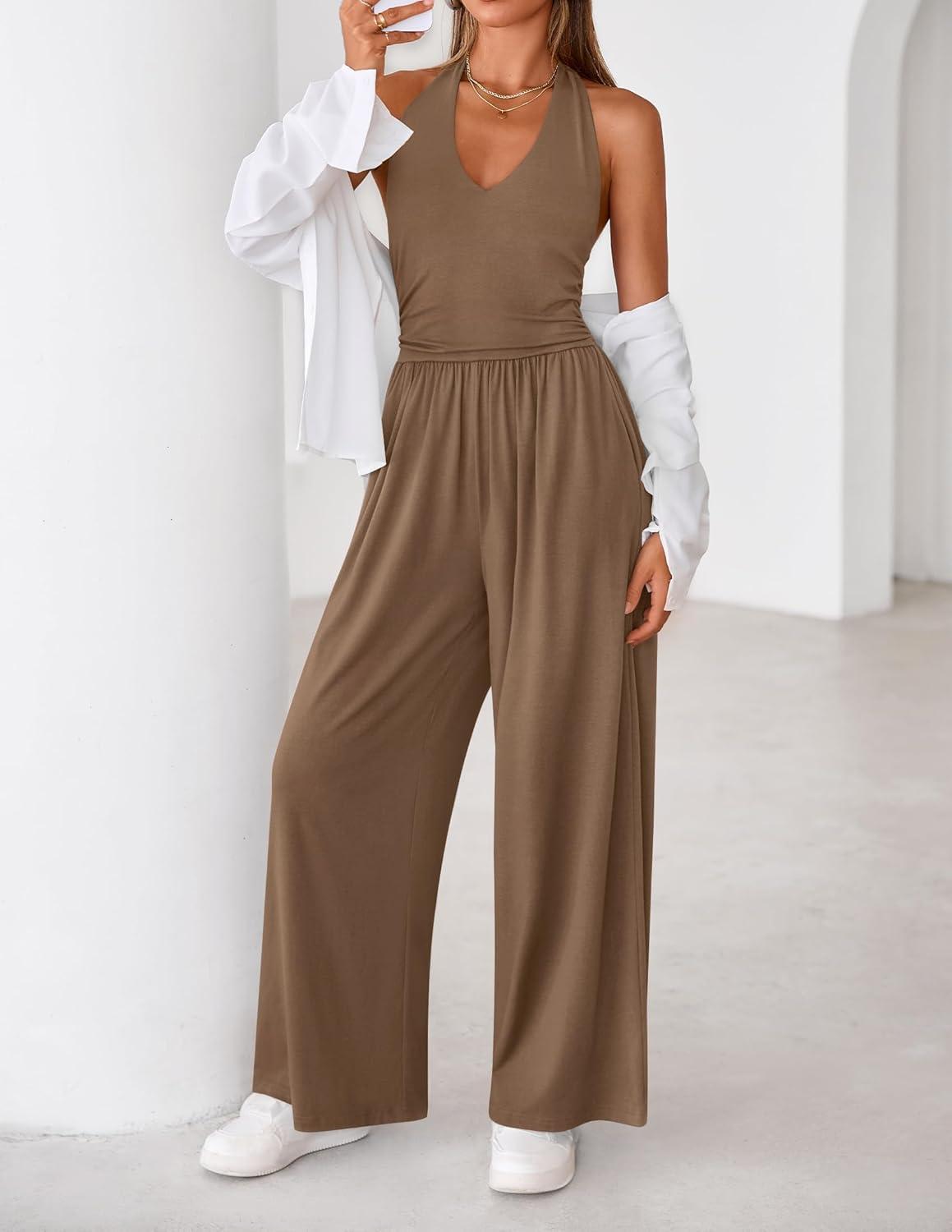 imageZESICA Womens Summer 2026 Sleeveless Halter Neck Jumpsuits One Piece Wide Leg Jumper Rompers Beach Vacation OutfitsBrown