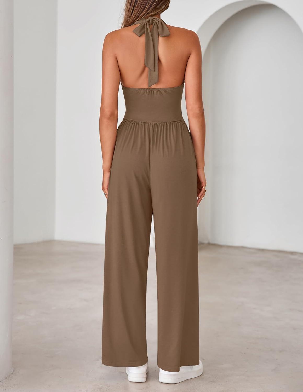 imageZESICA Womens Summer 2026 Sleeveless Halter Neck Jumpsuits One Piece Wide Leg Jumper Rompers Beach Vacation OutfitsBrown