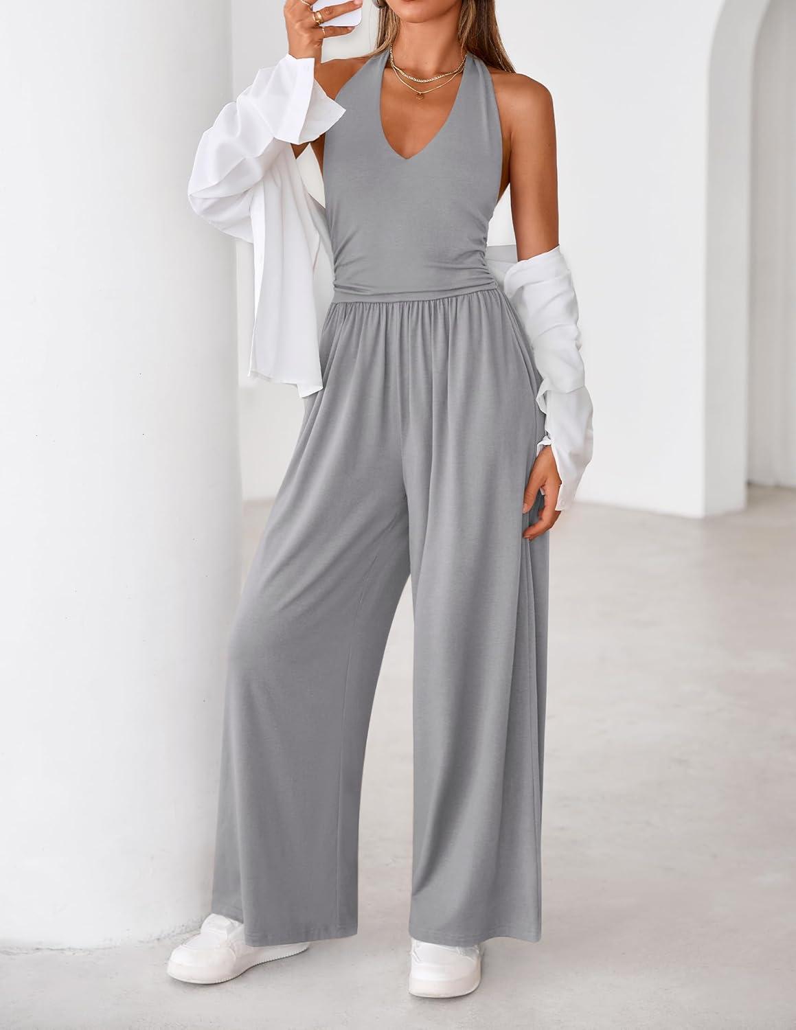 imageZESICA Womens Summer 2026 Sleeveless Halter Neck Jumpsuits One Piece Wide Leg Jumper Rompers Beach Vacation OutfitsGray