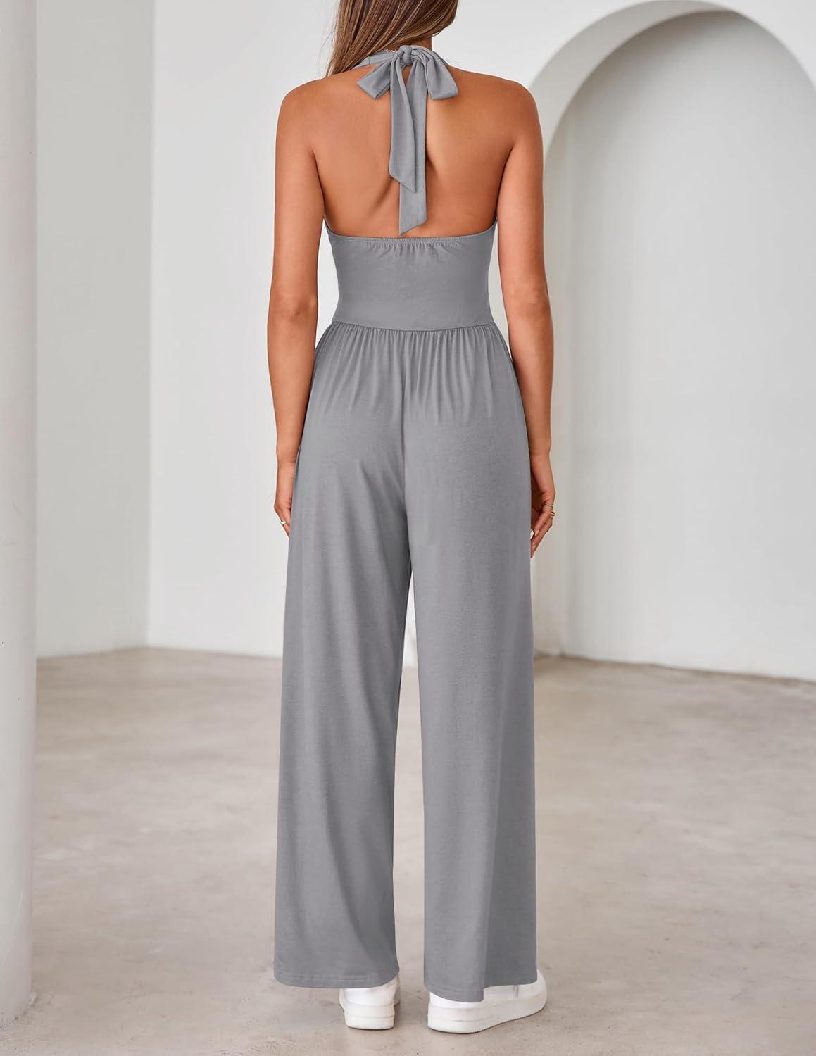 imageZESICA Womens Summer 2026 Sleeveless Halter Neck Jumpsuits One Piece Wide Leg Jumper Rompers Beach Vacation OutfitsGray