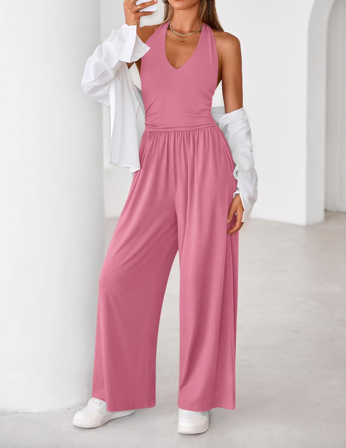 imageZESICA Womens Summer 2026 Sleeveless Halter Neck Jumpsuits One Piece Wide Leg Jumper Rompers Beach Vacation OutfitsPink