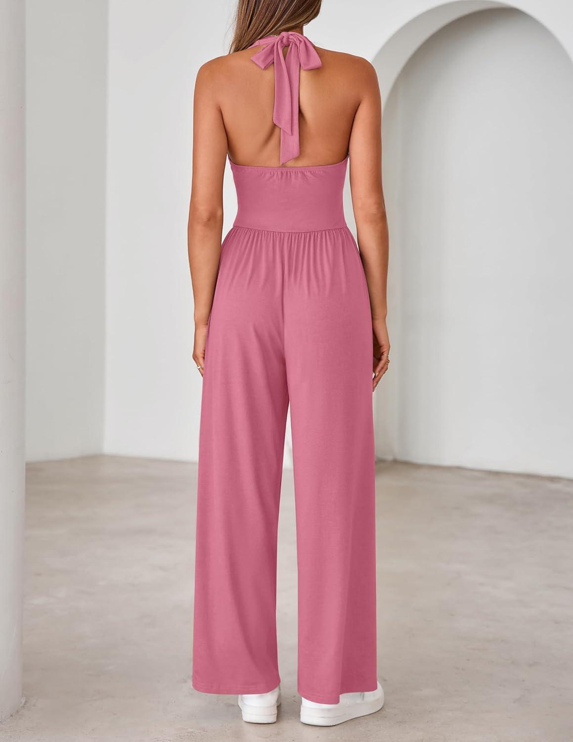 imageZESICA Womens Summer 2026 Sleeveless Halter Neck Jumpsuits One Piece Wide Leg Jumper Rompers Beach Vacation OutfitsPink