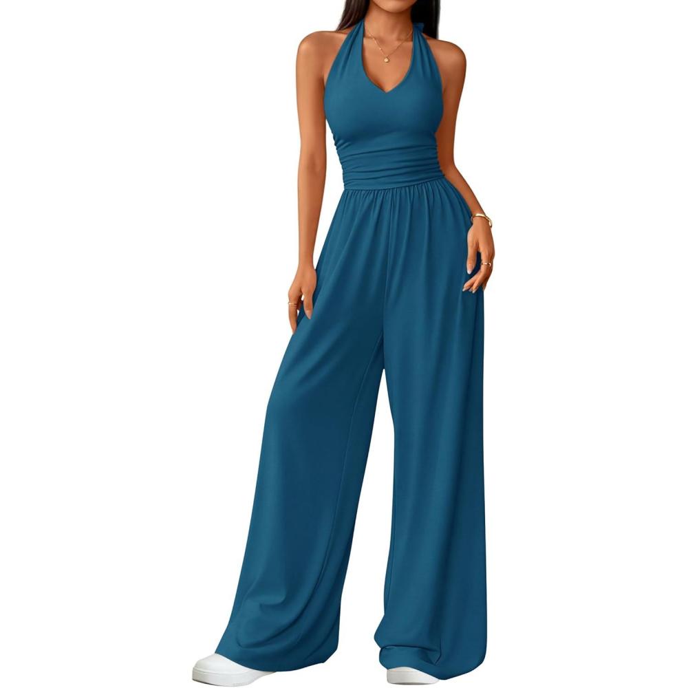 imageZESICA Womens Summer 2026 Sleeveless Halter Neck Jumpsuits One Piece Wide Leg Jumper Rompers Beach Vacation OutfitsBlue