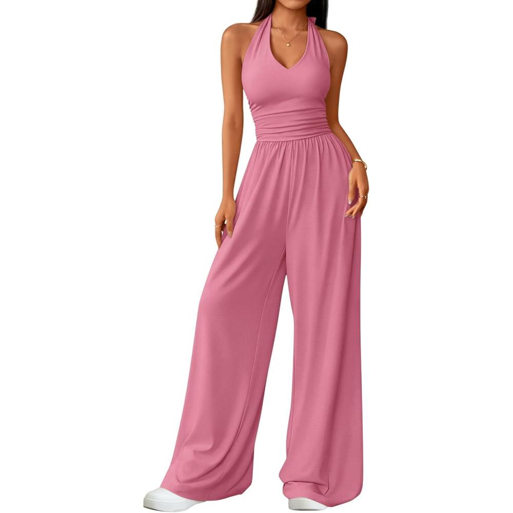 imageZESICA Womens Summer 2026 Sleeveless Halter Neck Jumpsuits One Piece Wide Leg Jumper Rompers Beach Vacation OutfitsPink
