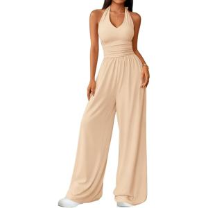 ZESICA Women’s Summer 2026 Sleeveless Halter Neck Jumpsuits One Piece Wide Leg Jumper Rompers Beach Vacation Outfits(Apricot)