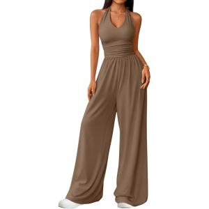 ZESICA Women’s Summer 2026 Sleeveless Halter Neck Jumpsuits One Piece Wide Leg Jumper Rompers Beach Vacation Outfits(Brown)