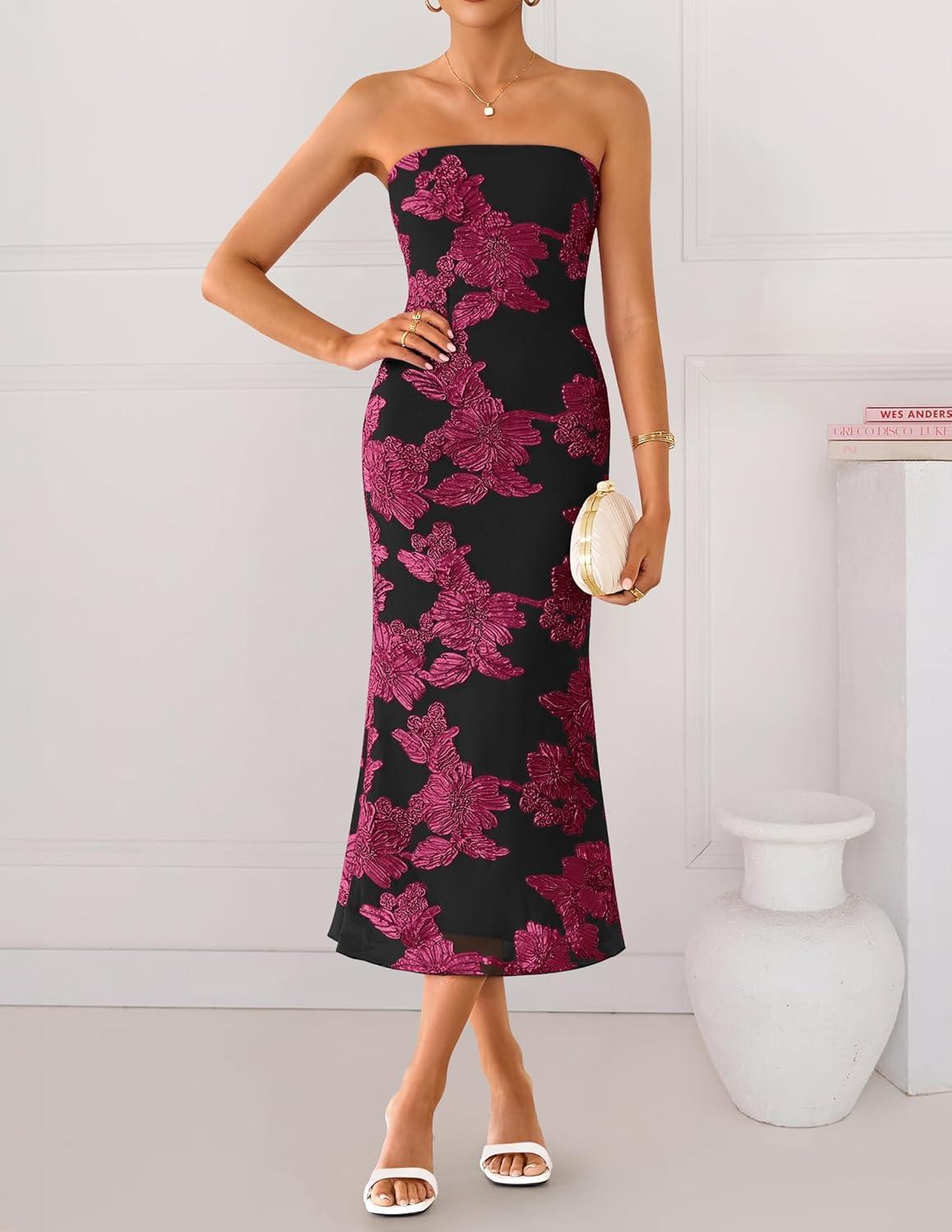 imageZESICA Womens Summer Strapless Floral Midi Dress 2026 Bodycon Mesh Tube Wedding Guest Cocktail Party Formal DressesBlackred
