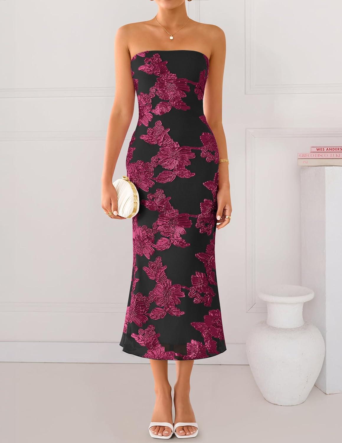 imageZESICA Womens Summer Strapless Floral Midi Dress 2026 Bodycon Mesh Tube Wedding Guest Cocktail Party Formal DressesBlackred