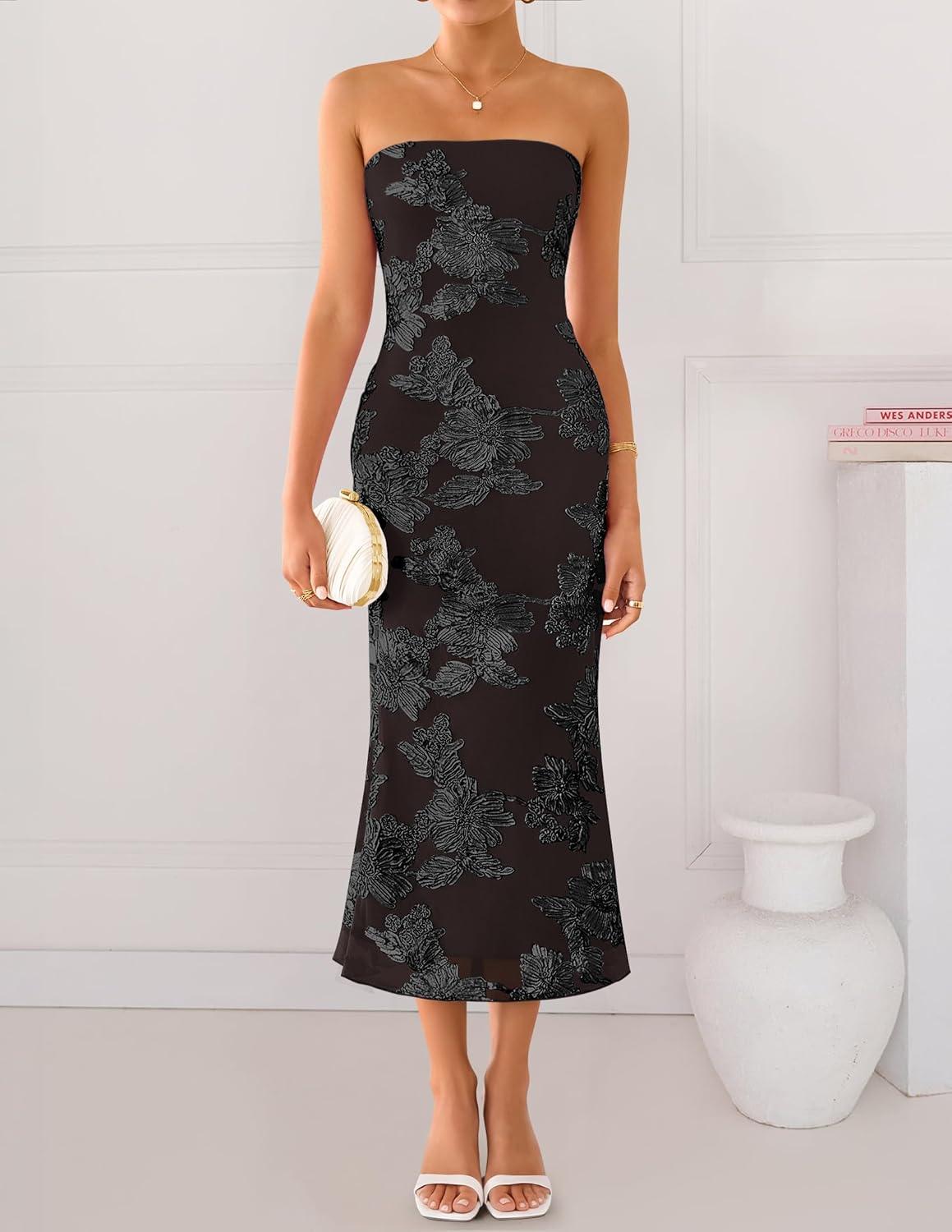 imageZESICA Womens Summer Strapless Floral Midi Dress 2026 Bodycon Mesh Tube Wedding Guest Cocktail Party Formal DressesTaupe