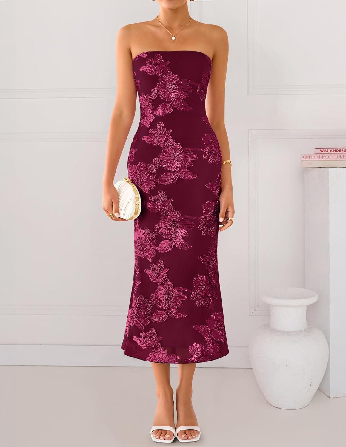 imageZESICA Womens Summer Strapless Floral Midi Dress 2026 Bodycon Mesh Tube Wedding Guest Cocktail Party Formal DressesWine