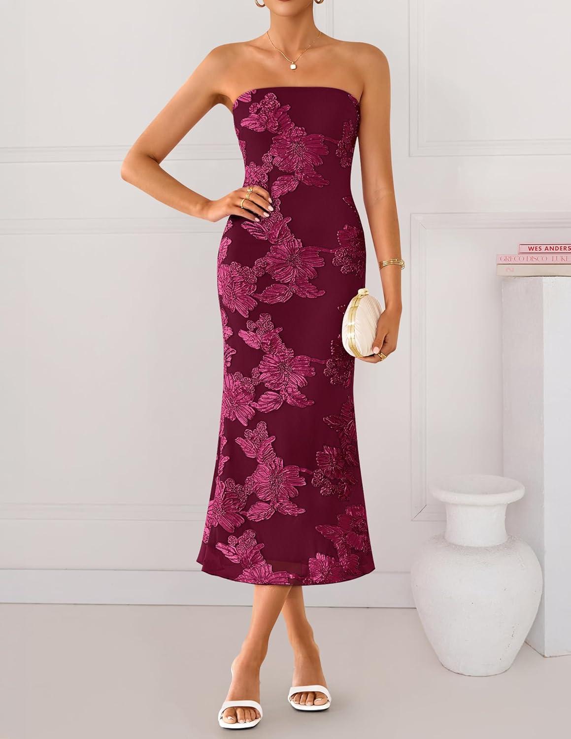 imageZESICA Womens Summer Strapless Floral Midi Dress 2026 Bodycon Mesh Tube Wedding Guest Cocktail Party Formal DressesWine
