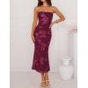 ZESICA Women’s Summer Strapless Floral Midi Dress 2026 Bodycon Mesh Tube Wedding Guest Cocktail Party Formal Dresses(Wine)