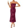 ZESICA Women’s Summer Strapless Floral Midi Dress 2026 Bodycon Mesh Tube Wedding Guest Cocktail Party Formal Dresses(Wine)