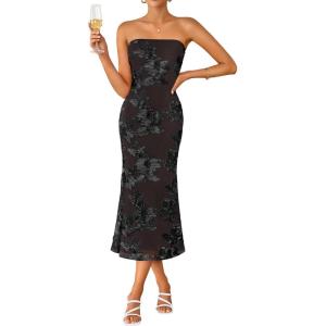 ZESICA Women’s Summer Strapless Floral Midi Dress 2026 Bodycon Mesh Tube Wedding Guest Cocktail Party Formal Dresses(Taupe)
