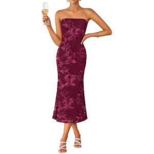 ZESICA Women’s Summer Strapless Floral Midi Dress 2026 Bodycon Mesh Tube Wedding Guest Cocktail Party Formal Dresses(Wine)