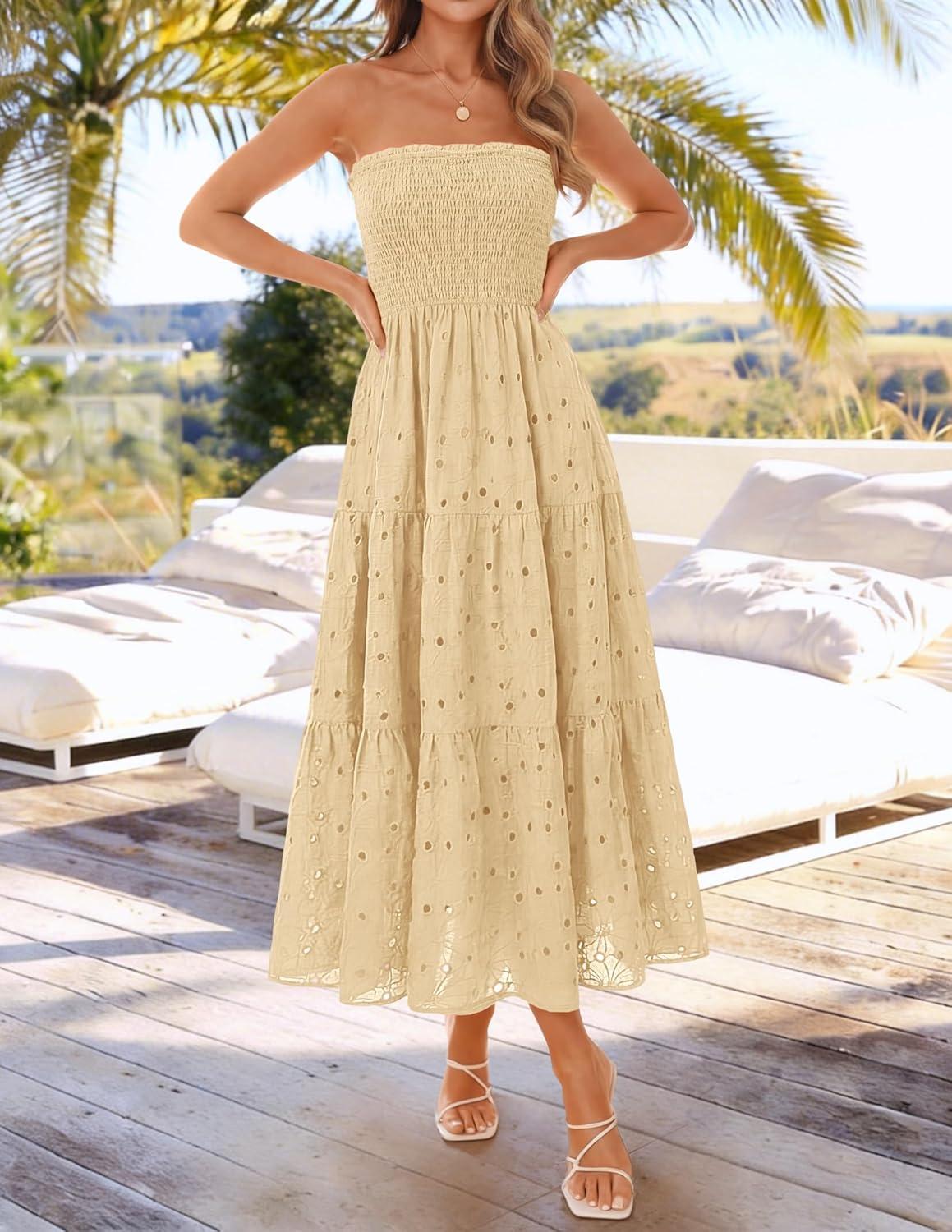 imageZESICA Womens 2026 Summer Boho Strapless Midi Dresses Off Shoulder Smocked Eyelet Wedding Guest Beach Long Dress PocketsBeige