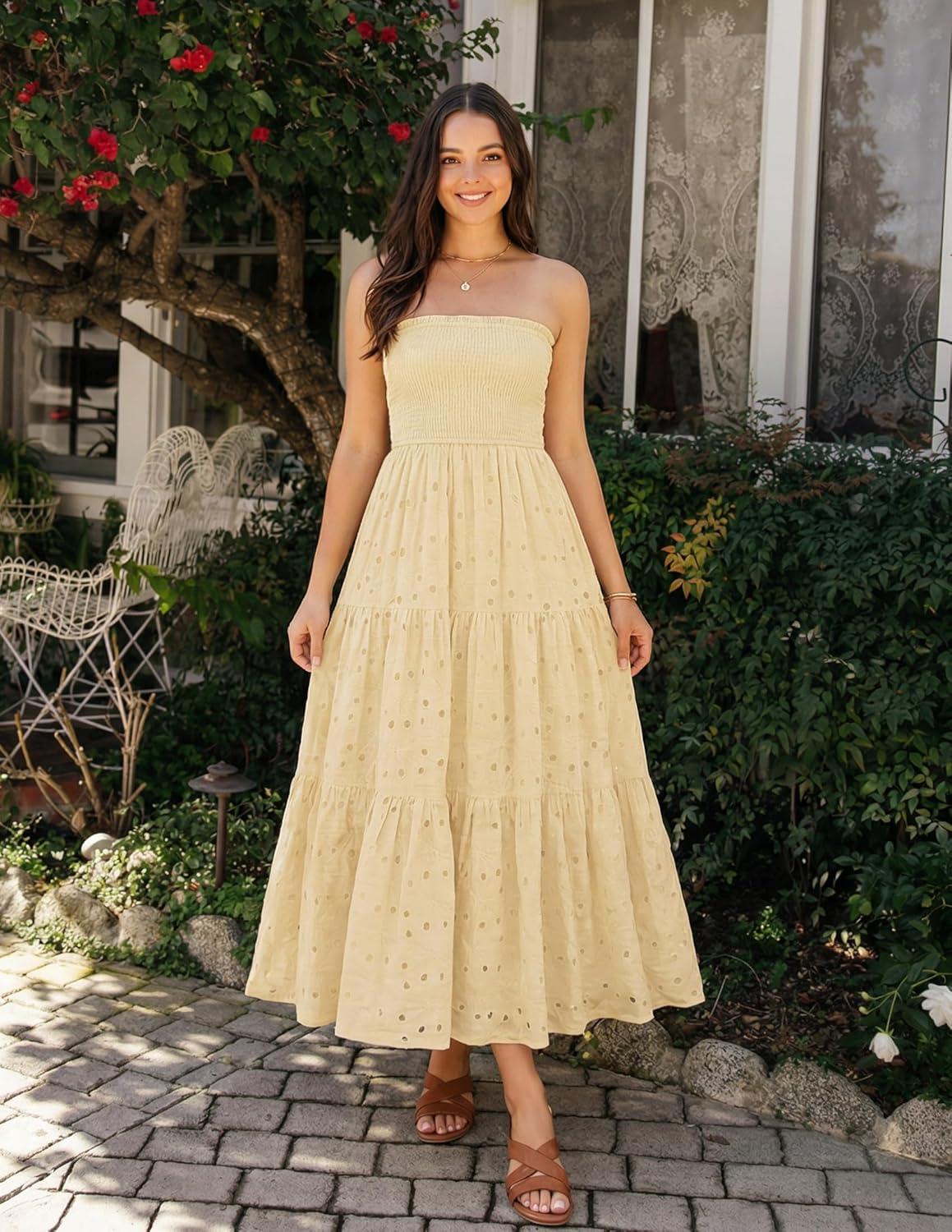 imageZESICA Womens 2026 Summer Boho Strapless Midi Dresses Off Shoulder Smocked Eyelet Wedding Guest Beach Long Dress PocketsBeige