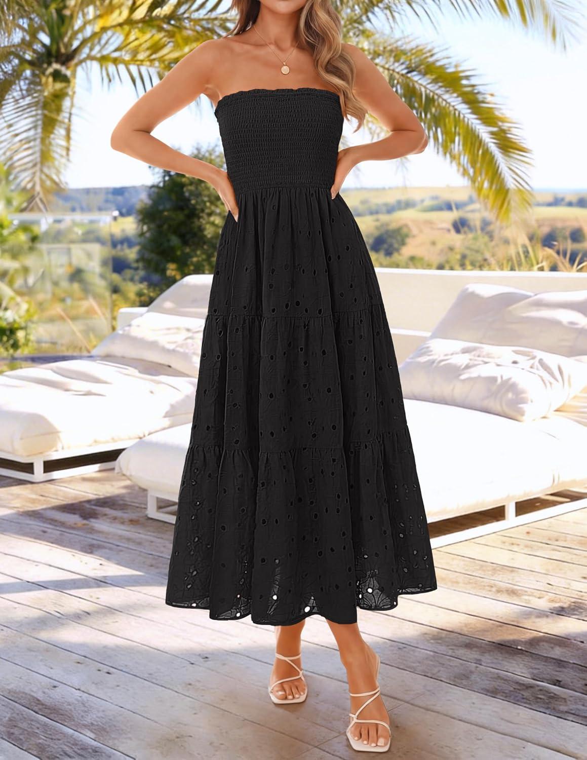 imageZESICA Womens 2026 Summer Boho Strapless Midi Dresses Off Shoulder Smocked Eyelet Wedding Guest Beach Long Dress PocketsBlack