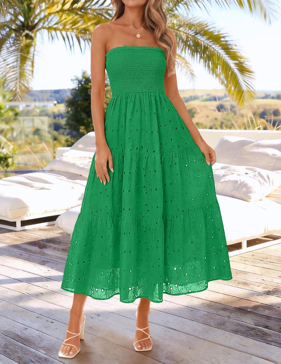 imageZESICA Womens 2026 Summer Boho Strapless Midi Dresses Off Shoulder Smocked Eyelet Wedding Guest Beach Long Dress PocketsGreen