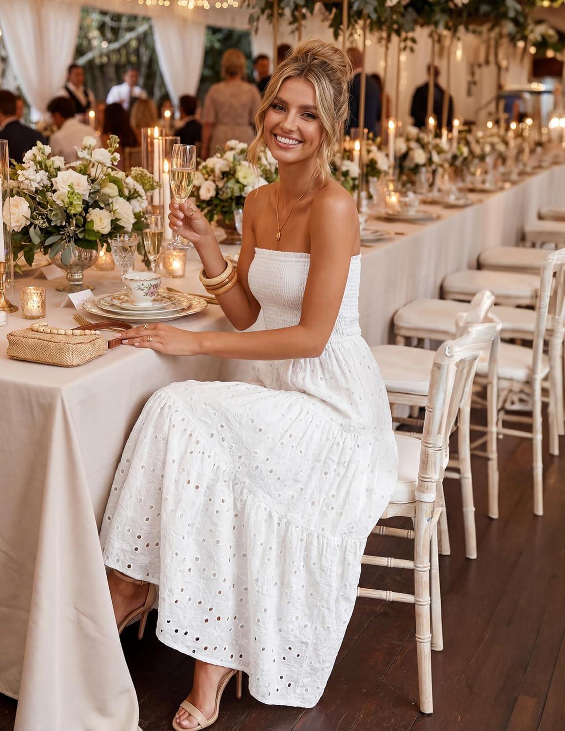 imageZESICA Womens 2026 Summer Boho Strapless Midi Dresses Off Shoulder Smocked Eyelet Wedding Guest Beach Long Dress PocketsWhite