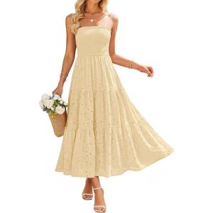 ZESICA Womens 2026 Summer Boho Strapless Midi Dresses Off Shoulder Smocked Eyelet Wedding Guest Beach Long Dress Pockets(Beige)