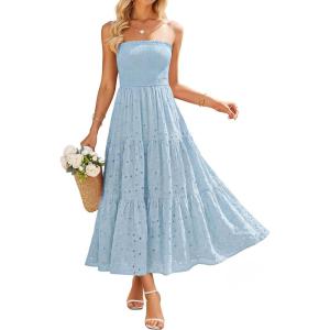 ZESICA Womens 2026 Summer Boho Strapless Midi Dresses Off Shoulder Smocked Eyelet Wedding Guest Beach Long Dress Pockets(Blue)