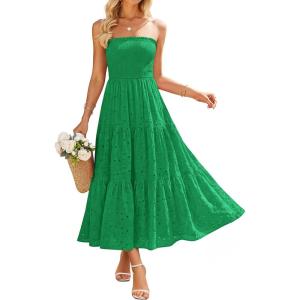 ZESICA Womens 2026 Summer Boho Strapless Midi Dresses Off Shoulder Smocked Eyelet Wedding Guest Beach Long Dress Pockets(Green)