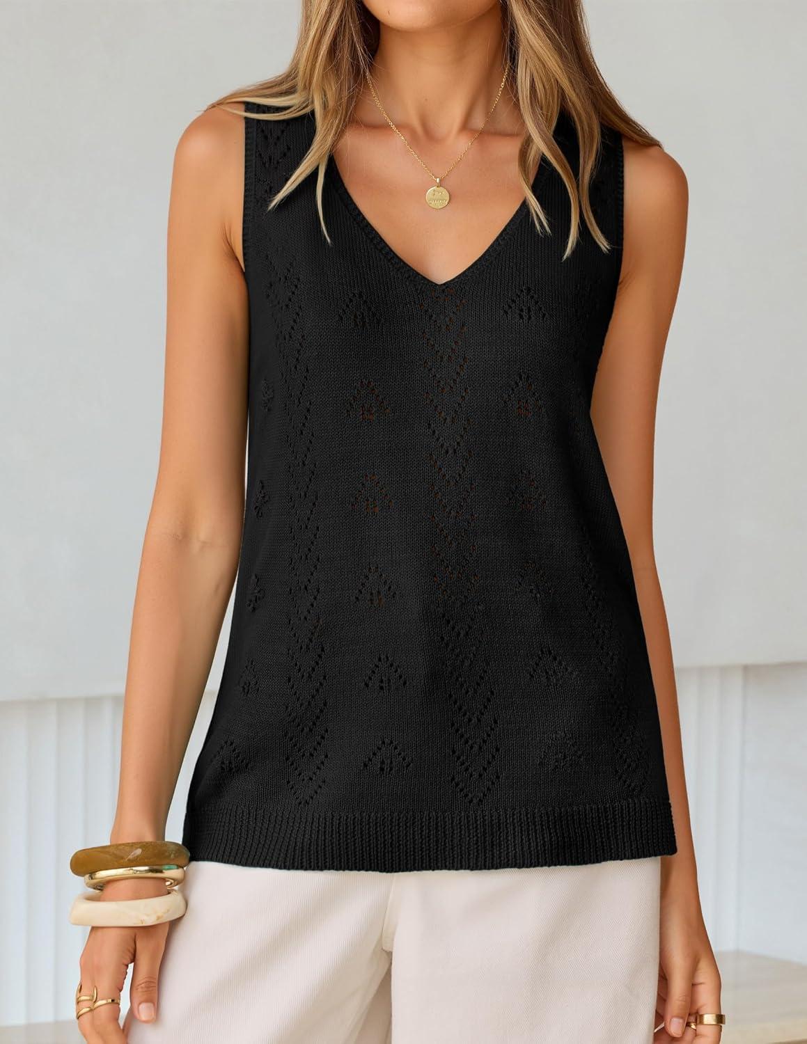 imageZESICA Womens Summer Crochet V Neck Tank Tops 2026 Sleeveless Knit Sweater Vest Going Out Beach Vacation ClothesBlack