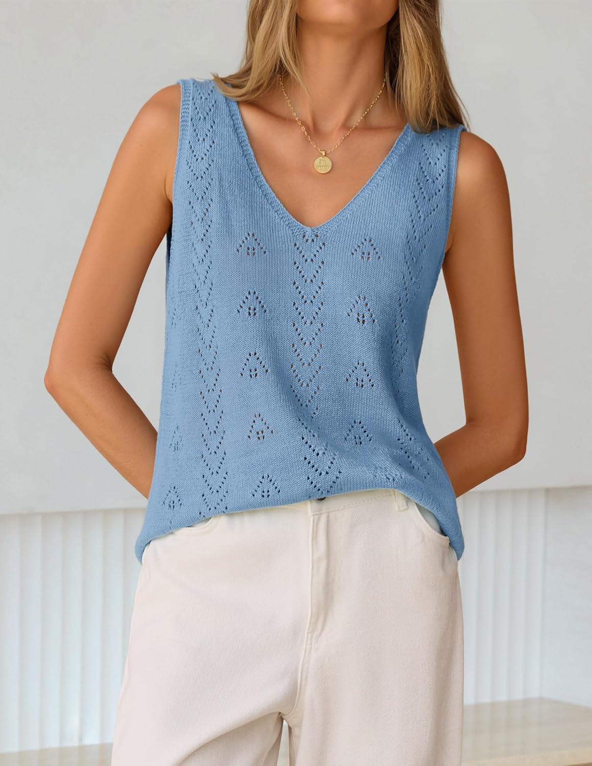 imageZESICA Womens Summer Crochet V Neck Tank Tops 2026 Sleeveless Knit Sweater Vest Going Out Beach Vacation ClothesBlue