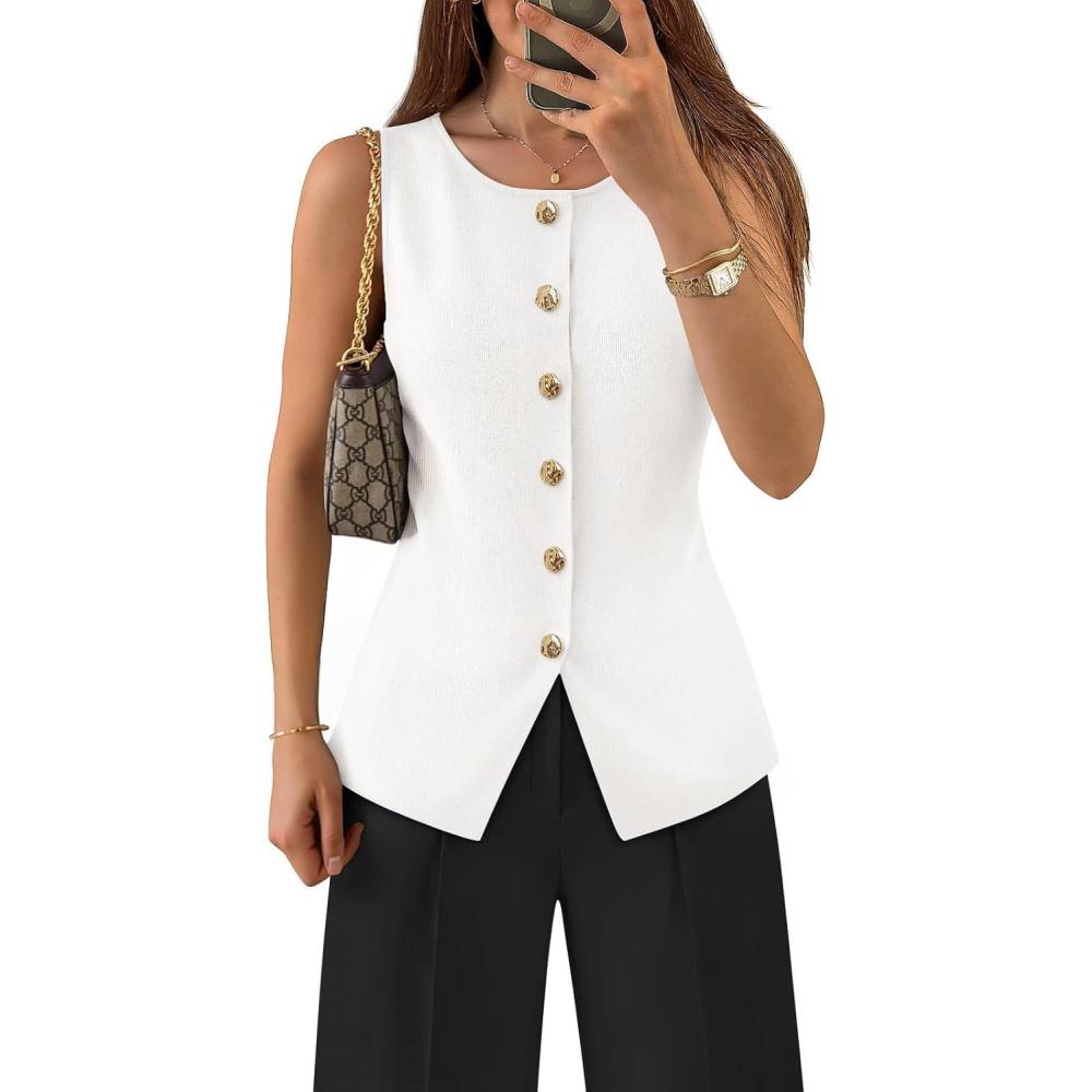imageZESICA Business Casual Sweater Vest Tops for Women 2026 Summer Fashion Button Down Sleeveless Knit Office Work OutfitsWhite