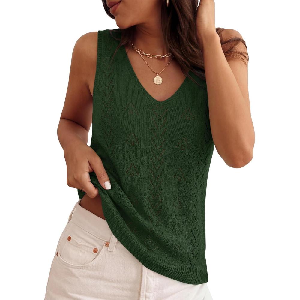 imageZESICA Womens Summer Crochet V Neck Tank Tops 2026 Sleeveless Knit Sweater Vest Going Out Beach Vacation ClothesArmygreen