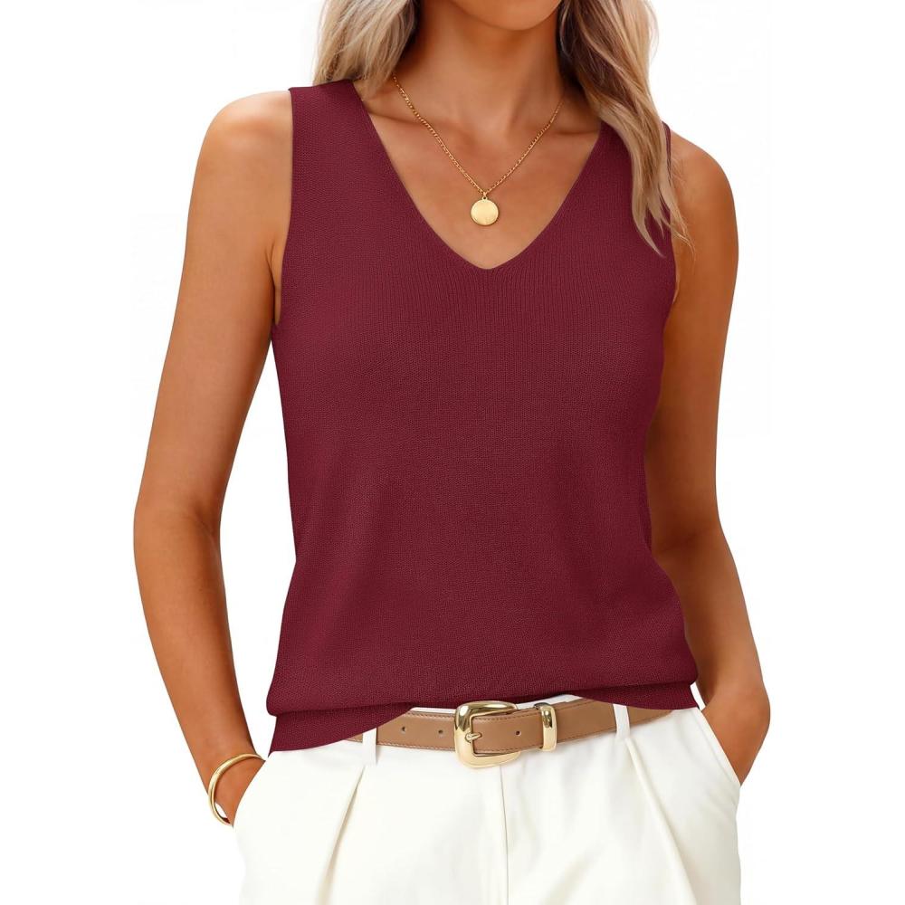 imageZESICA Womens Summer Sleeveless Knit Vest Tops 2026 Casual V Neck Wool Blend Sweaters Going Out Tank Top Trendy OutfitsWine