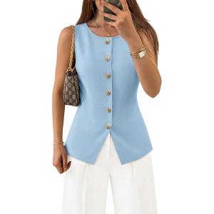 ZESICA Business Casual Sweater Vest Tops for Women 2026 Summer Fashion Button Down Sleeveless Knit Office Work Outfits(Blue)