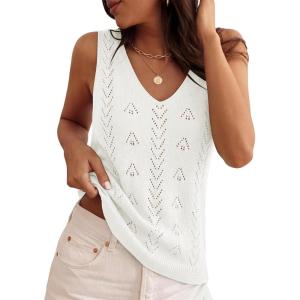 ZESICA Women’s Summer Crochet V Neck Tank Tops 2026 Sleeveless Knit Sweater Vest Going Out Beach Vacation Clothes(White)