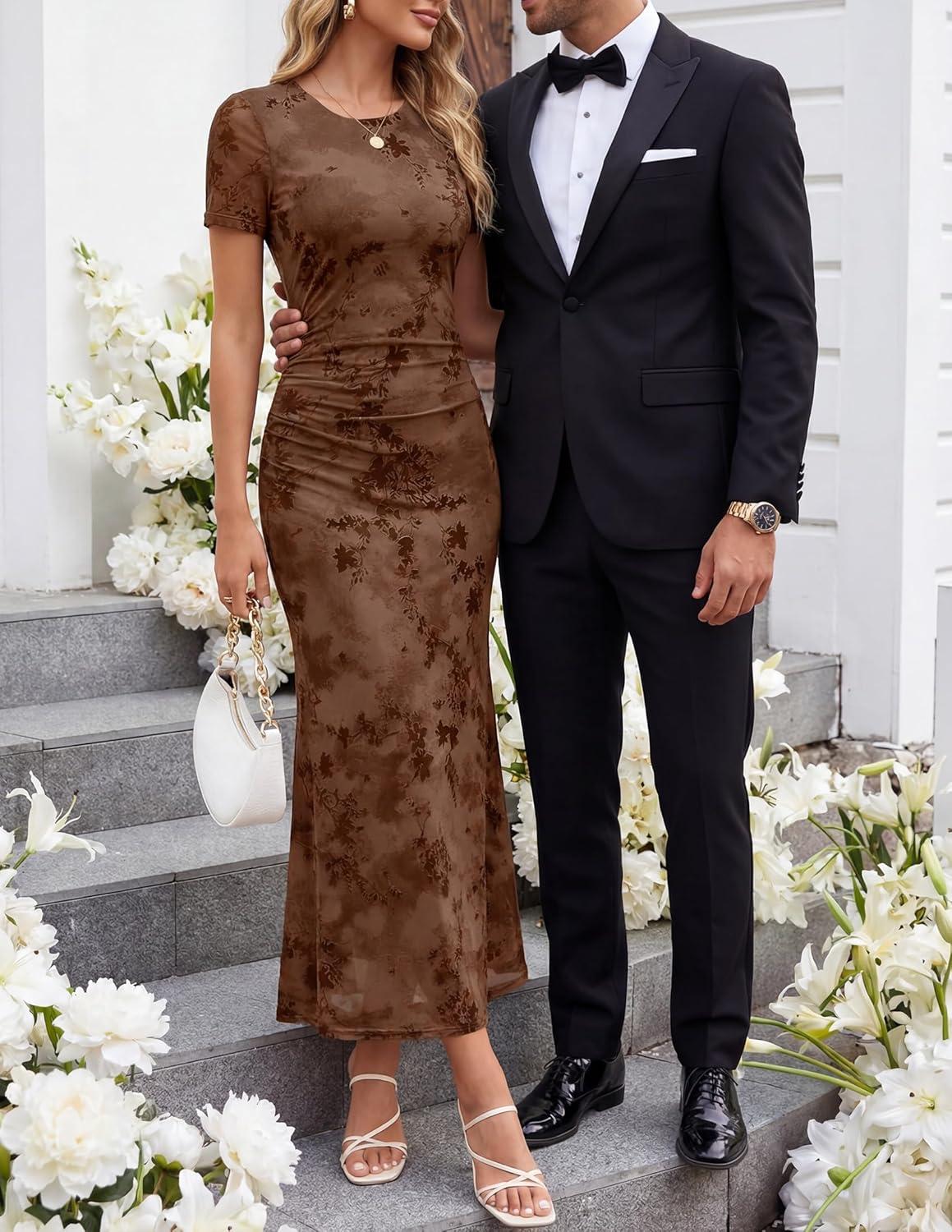 imageZESICA Womens Summer Floral Bodycon Long Dress 2026 Ruched Mesh Formal Cocktail Party Wedding Guest Maxi DressesBrown