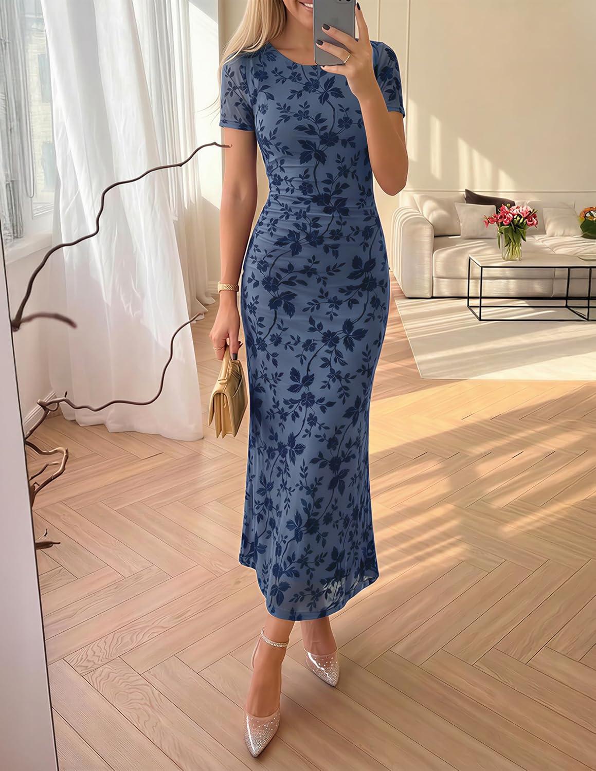 imageZESICA Womens Summer Floral Bodycon Long Dress 2026 Ruched Mesh Formal Cocktail Party Wedding Guest Maxi DressesDustyblue
