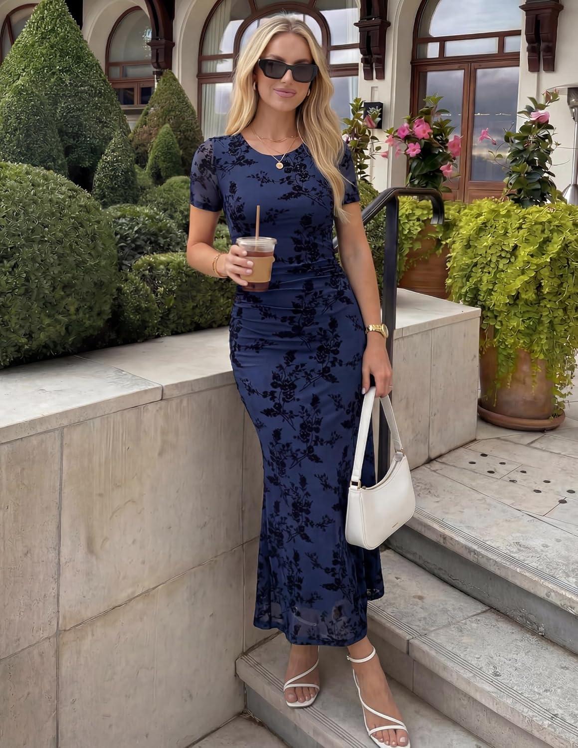 imageZESICA Womens Summer Floral Bodycon Long Dress 2026 Ruched Mesh Formal Cocktail Party Wedding Guest Maxi DressesNavy