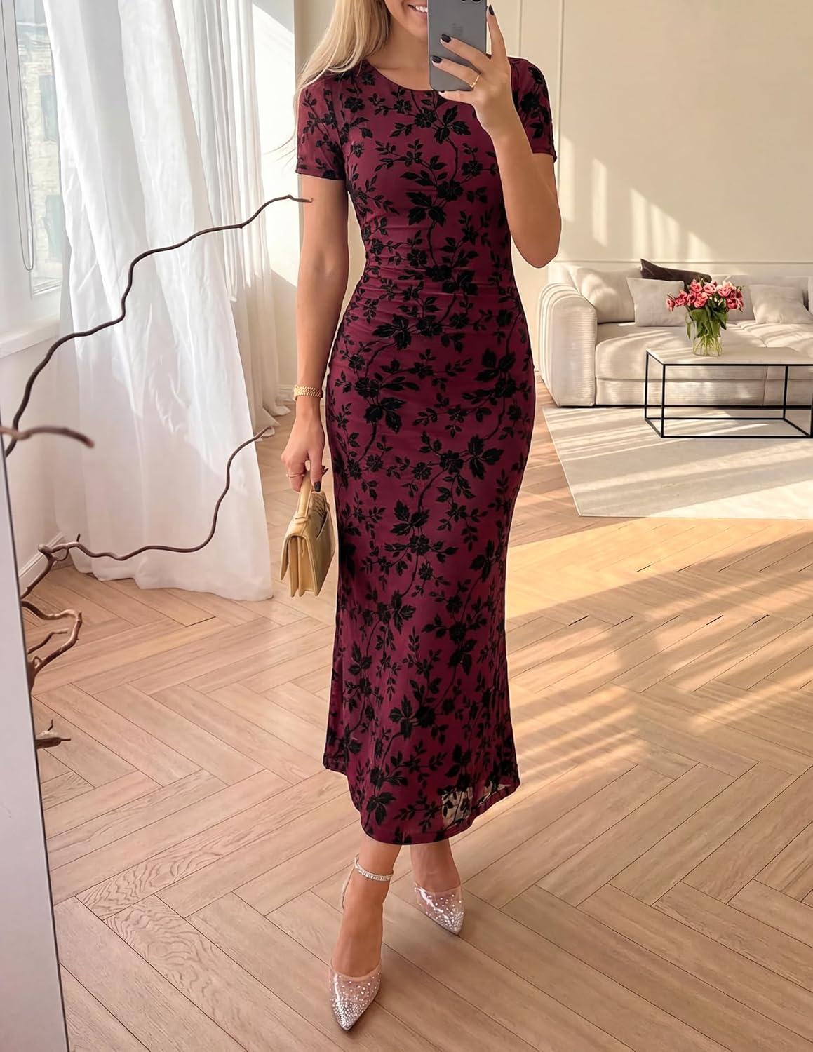 imageZESICA Womens Summer Floral Bodycon Long Dress 2026 Ruched Mesh Formal Cocktail Party Wedding Guest Maxi DressesWine