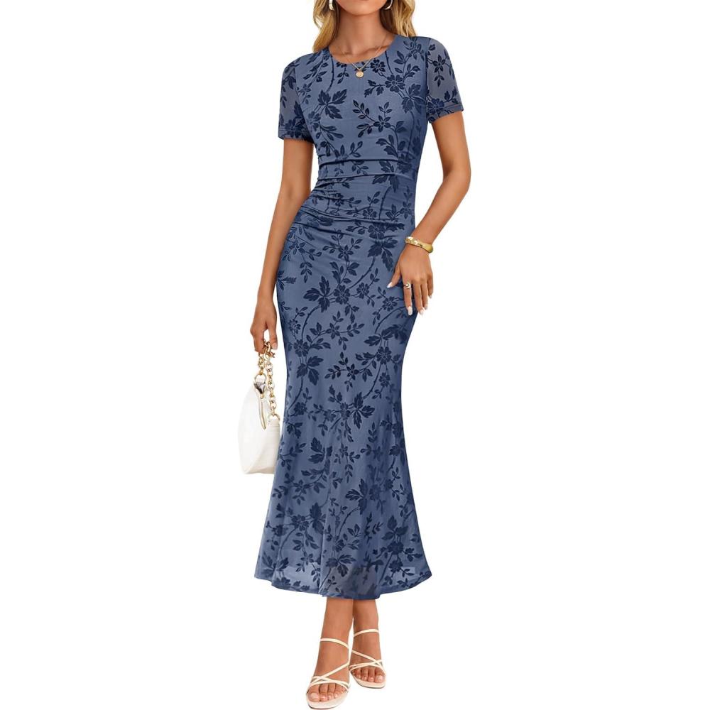 imageZESICA Womens Summer Floral Bodycon Long Dress 2026 Ruched Mesh Formal Cocktail Party Wedding Guest Maxi DressesDustyblue