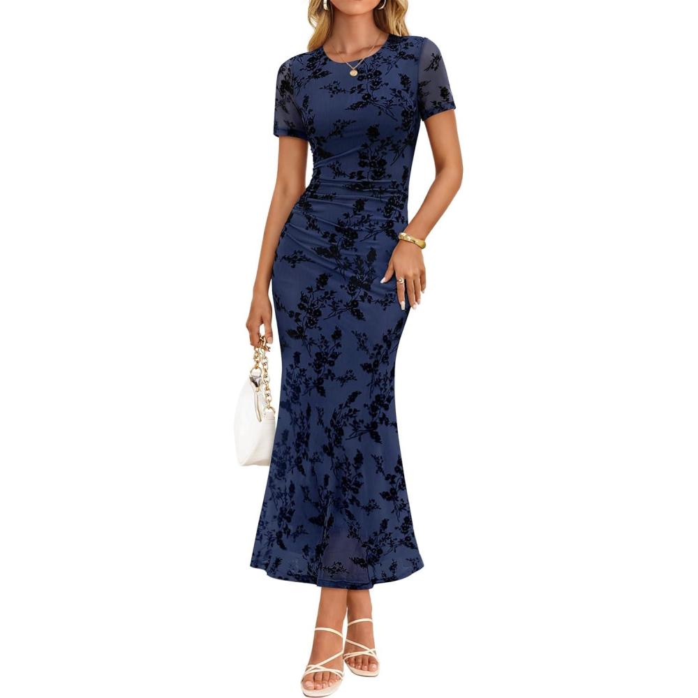 imageZESICA Womens Summer Floral Bodycon Long Dress 2026 Ruched Mesh Formal Cocktail Party Wedding Guest Maxi DressesNavy