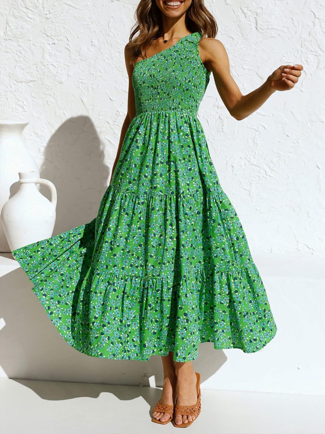 imageZESICA Womens 2026 Bohemian Summer Floral Print One Shoulder Sleeveless Smocked Ruffle Tiered Beach Long Midi DressGrassgreen