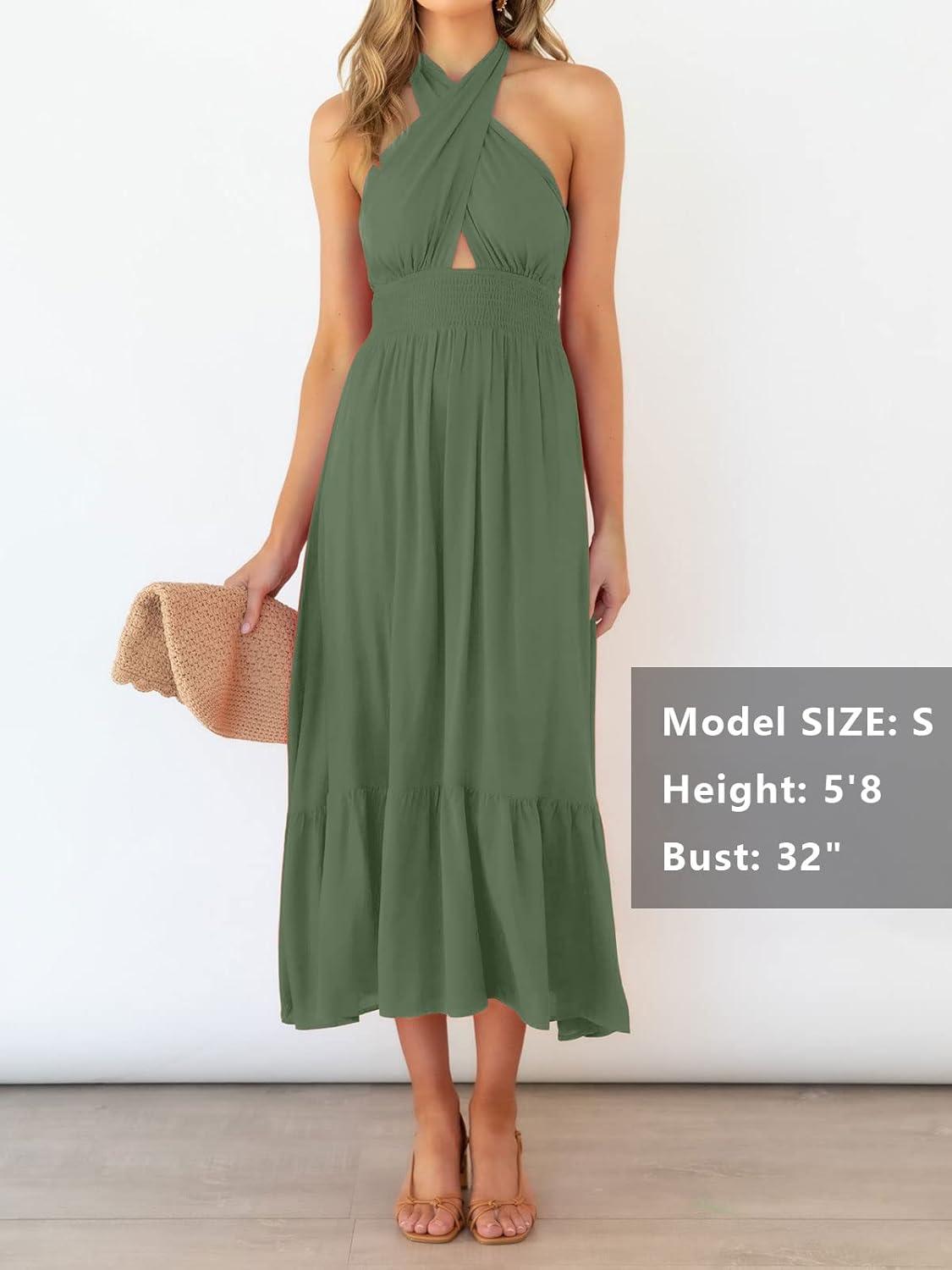 imageZESICA Womens 2026 Summer Crossover Halter Neck Sleeveless Plaid Cut Out Backless Flowy A Line Maxi DressArmygreen