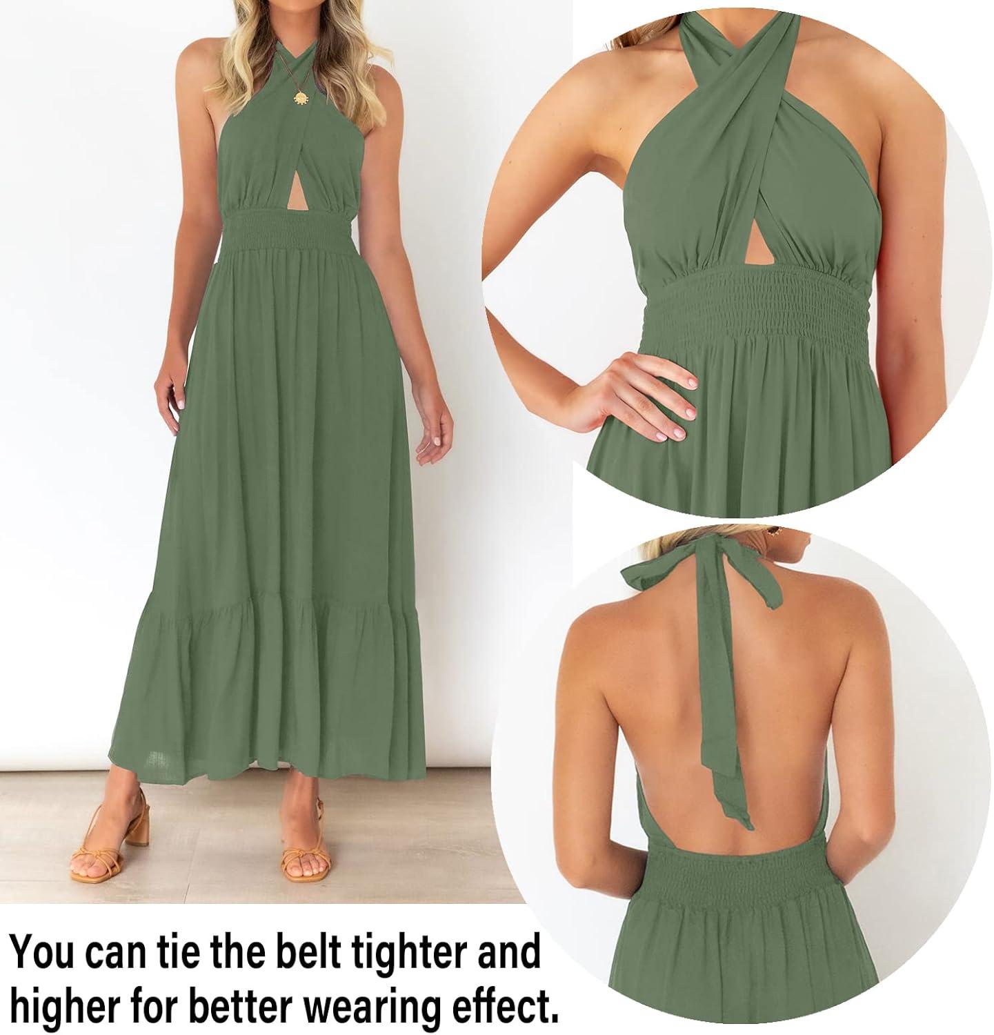 imageZESICA Womens 2026 Summer Crossover Halter Neck Sleeveless Plaid Cut Out Backless Flowy A Line Maxi DressArmygreen