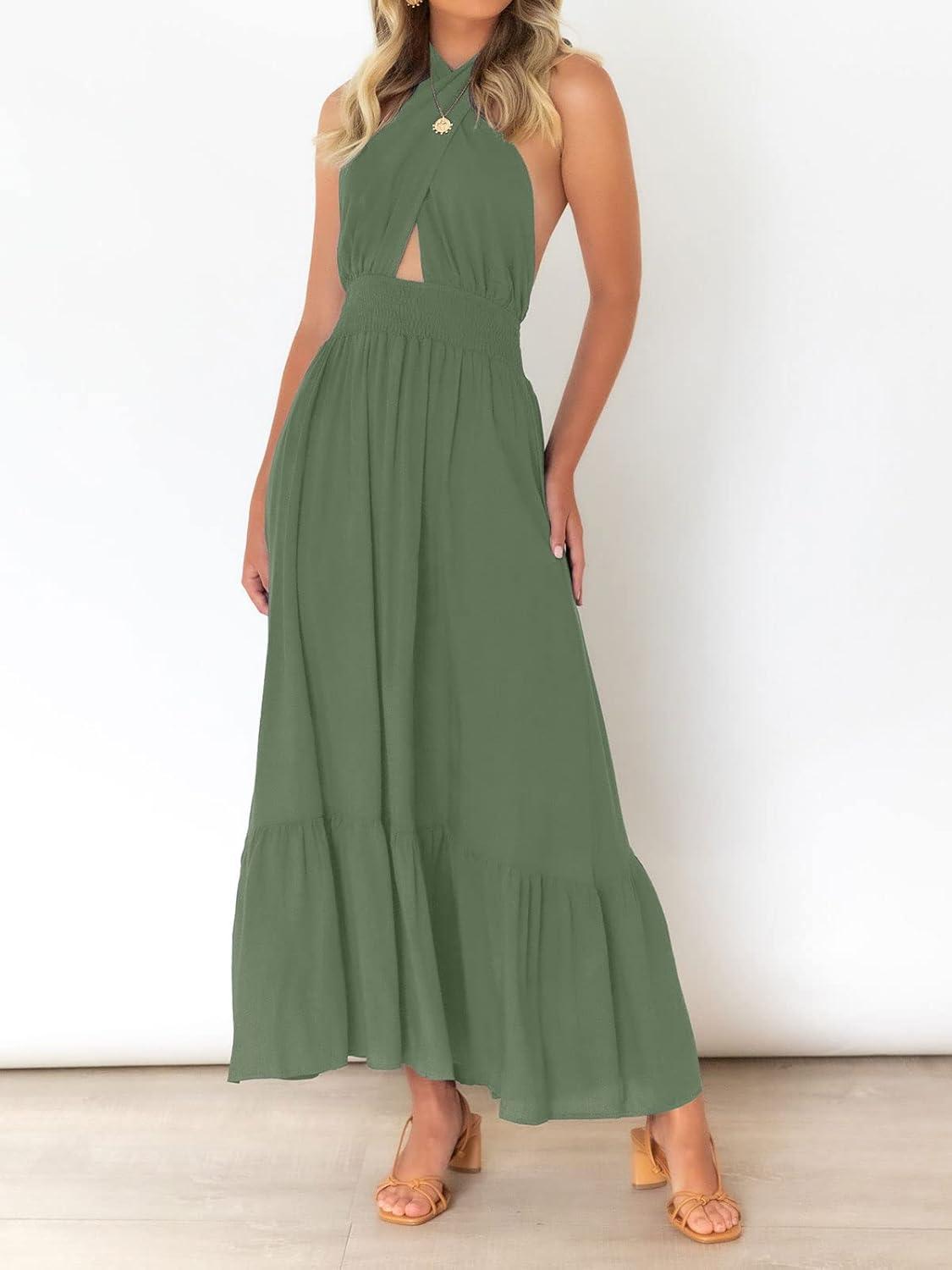 imageZESICA Womens 2026 Summer Crossover Halter Neck Sleeveless Plaid Cut Out Backless Flowy A Line Maxi DressArmygreen